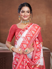 Red & White Chanderi Cotton Saree For Durga Puja